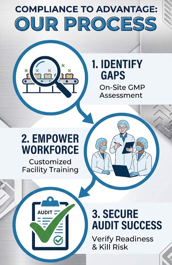 process Vertical process infographic for Koenig Food Safety, LLC showing a 3-step approach to GMP assessments and training: 1. Identify gaps with on-site assessments, 2. Empower workforce with customized training, and 3. Secure audit success for food processing facilities.